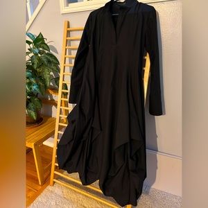 Black shirt dress with a fun asymmetric draped hem